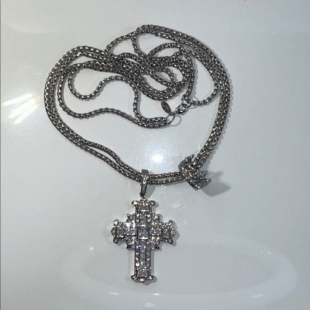 NWOT Platinum Tone “King of Kings” Cross & Crown Designer Statement Necklace